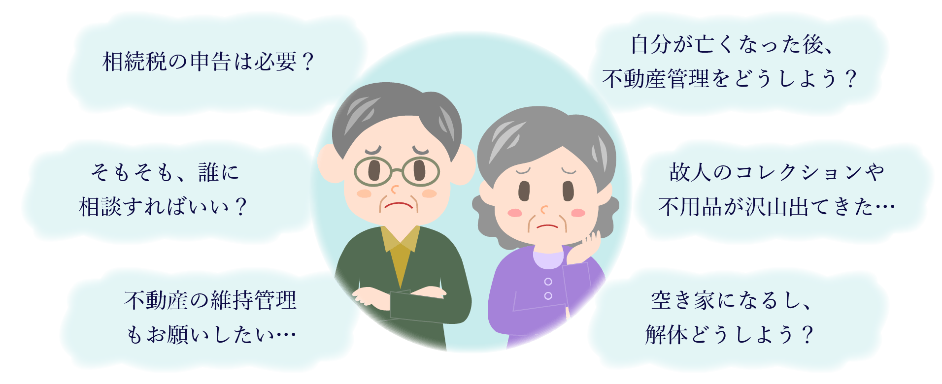 相続税の申告は必要？ 自分が亡くなった後、不動産管理をどうしよう？ そもそも、誰に相談すればいい？ 故人のコレクションや不用品が沢山出てきた… 不動産の維持管理もお願いしたい… 空き家になるし、解体どうしよう？